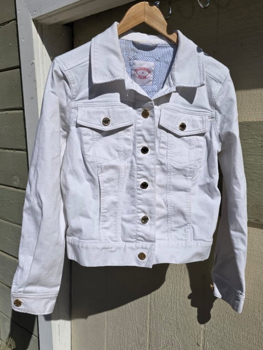 Brooks Brothers Womens White Stretch Denim Trucker Jacket Medium Gold Buttons